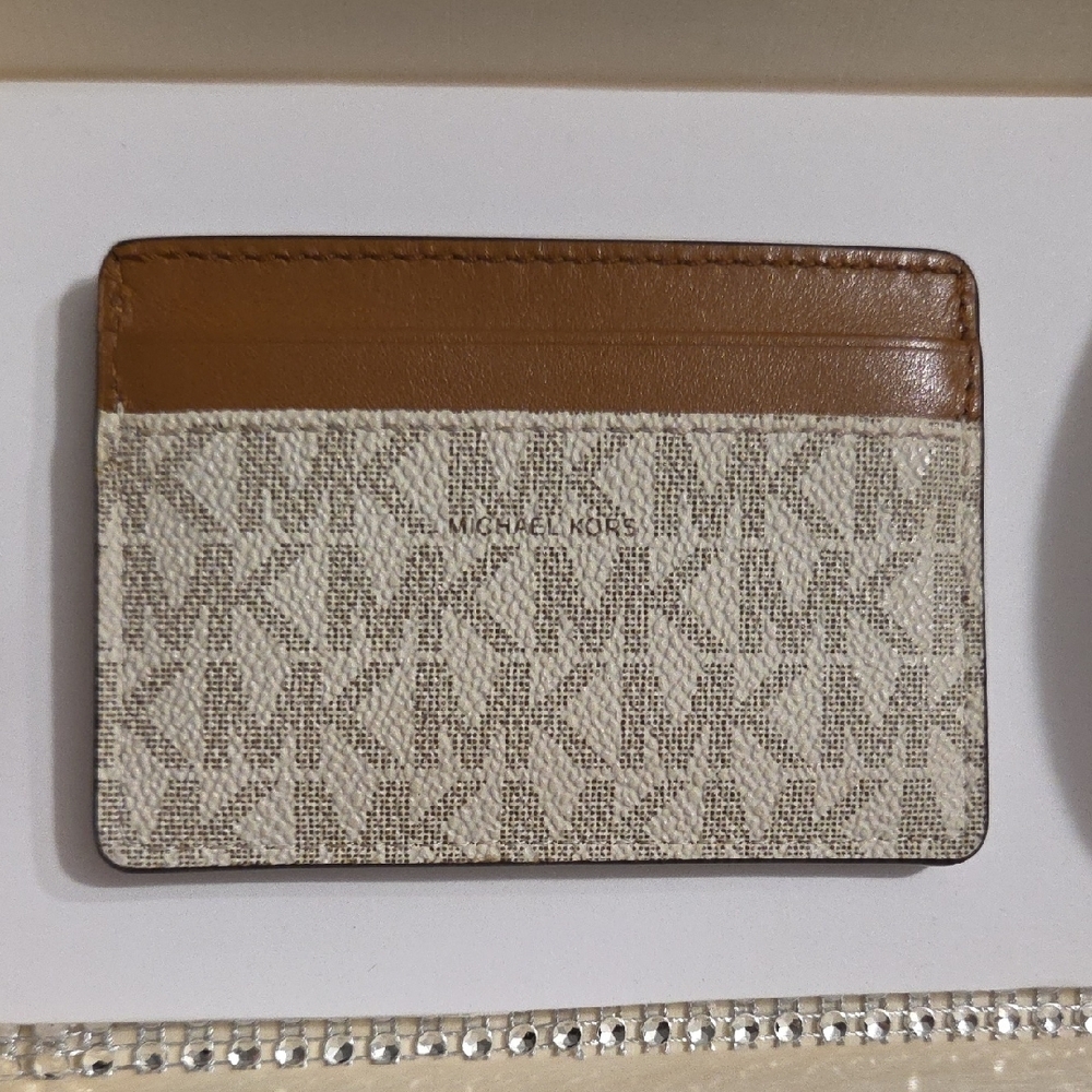 Michael Kors Beige and Tan MK Logo Card Holder with Gold Logo - Picture 3 of 13